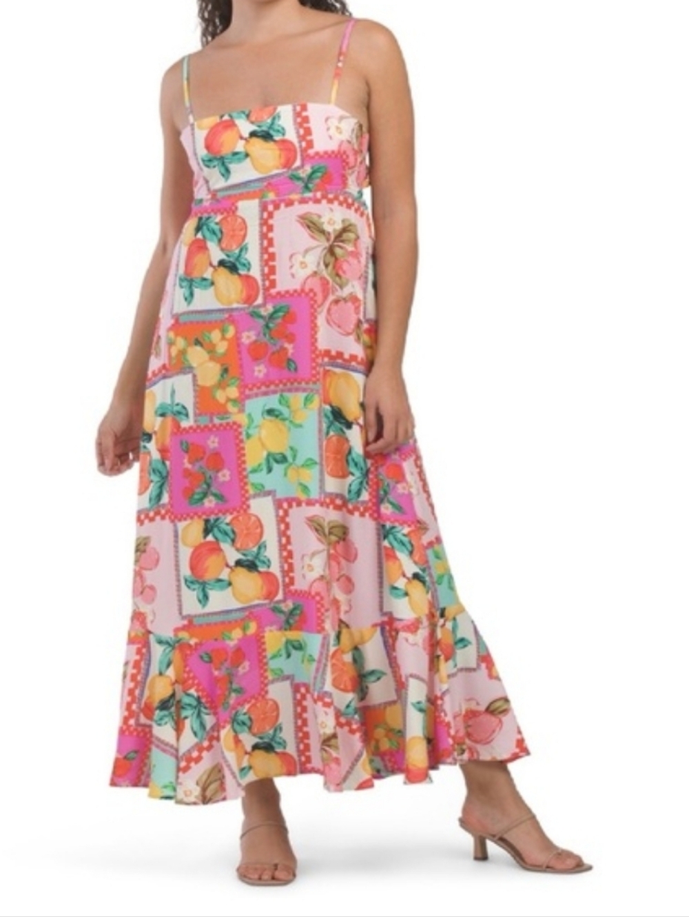 PAPER HEART VIRAL FRUIT PRINT PATCHWORK TIE BACK MAXI DRESS - Picture 2 of 6